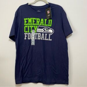 NIKE SEATTLE SEAHAWKS T SHIRT NWT SZ LARGE NAVY "EMERALD CITY FOOTBALL" LOGO